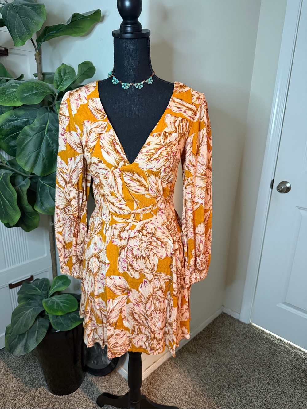 Floral Mini Dress in Mustard Yellow size S
